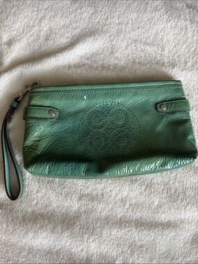 Coach Audrey Lagoon Teal Perforated Patent Leather Zip Wristlet